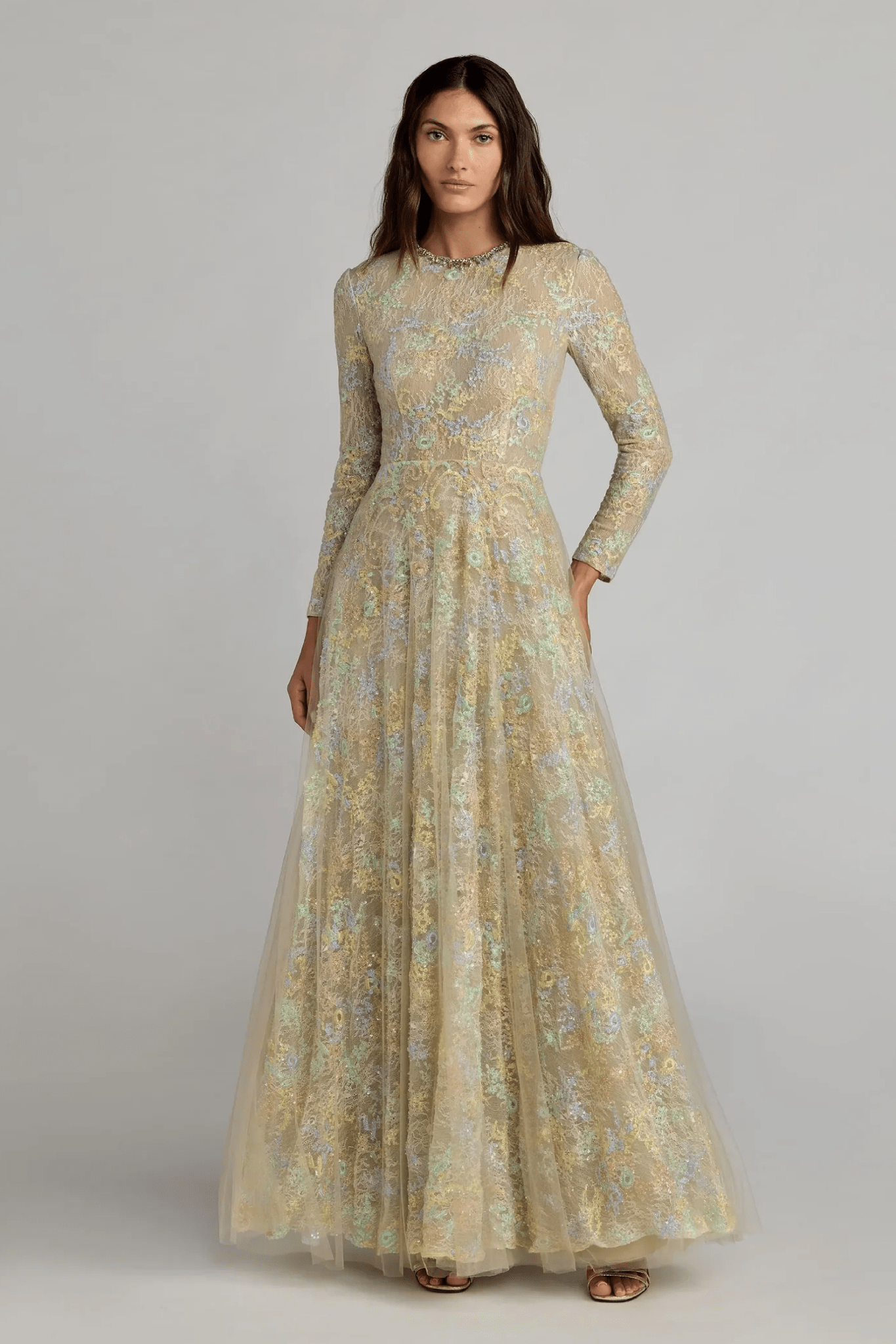 Long Sleeve Embellished Lace A-Line Gown - ALBOUSHIYA - district 5 - dubai - riyadh - abaya - dresses - designers - evening wear - luxury - elegance - craftsmanship - gowns - cocktail dresses - collections - georges
