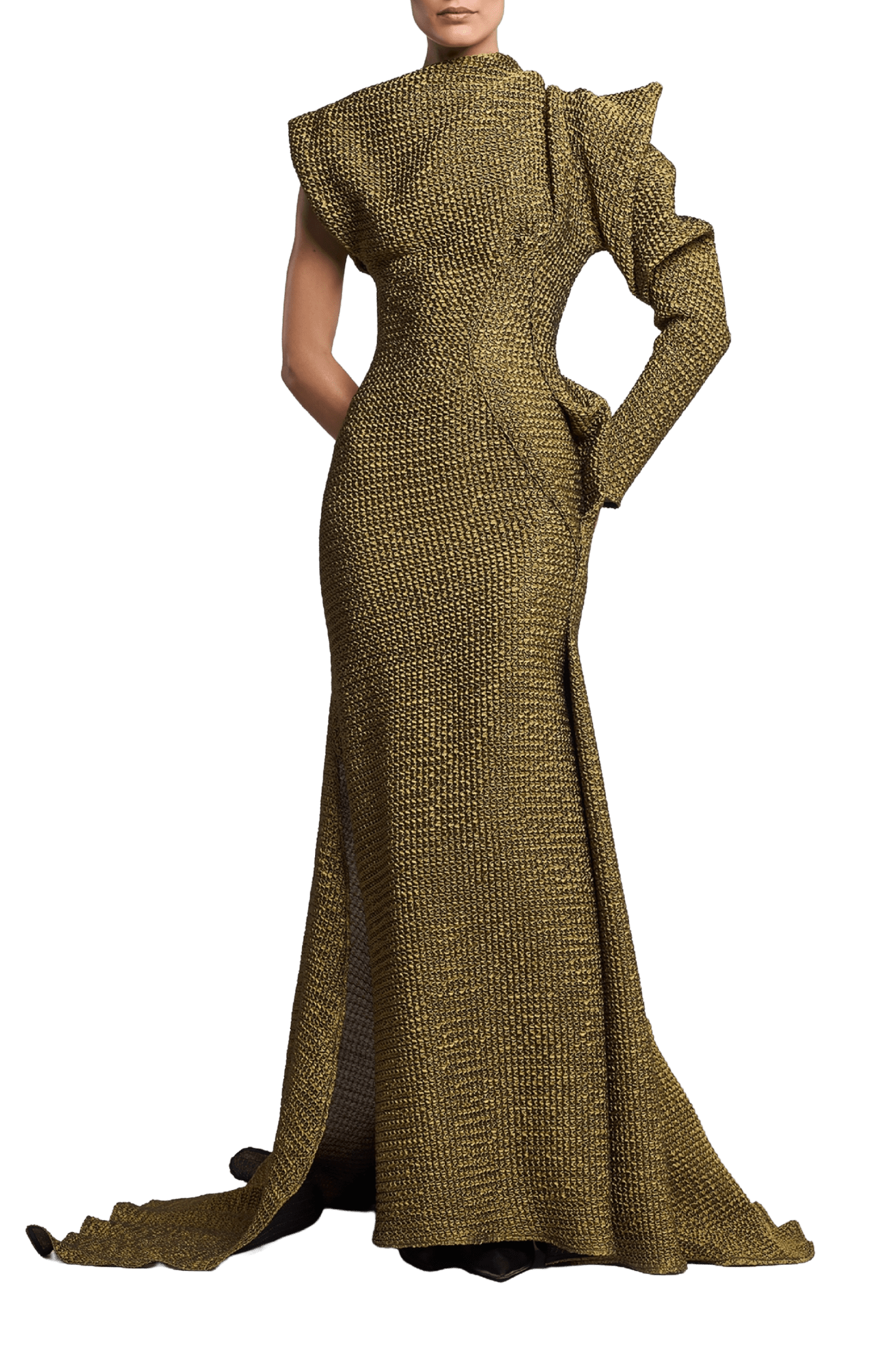 Lyra Gown in Gold Waffle - ALBOUSHIYA - district 5 - dubai - riyadh - abaya - dresses - designers - evening wear - luxury - elegance - craftsmanship - gowns - cocktail dresses - collections - georges
