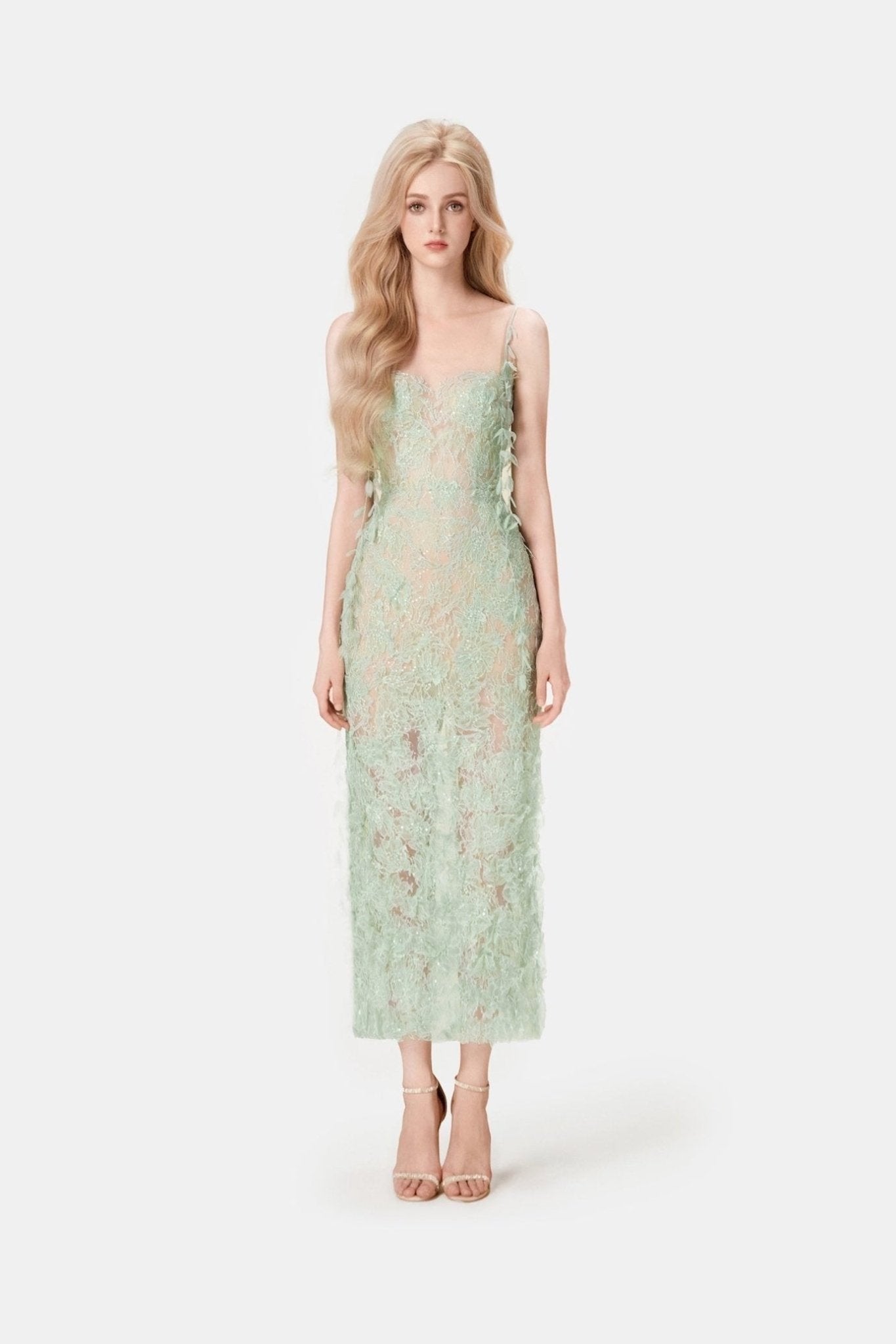 Mint Beaded Lace Pencil Dress - ALBOUSHIYA - district 5 - dubai - riyadh - abaya - dresses - designers - evening wear - luxury - elegance - craftsmanship - gowns - cocktail dresses - collections - georges