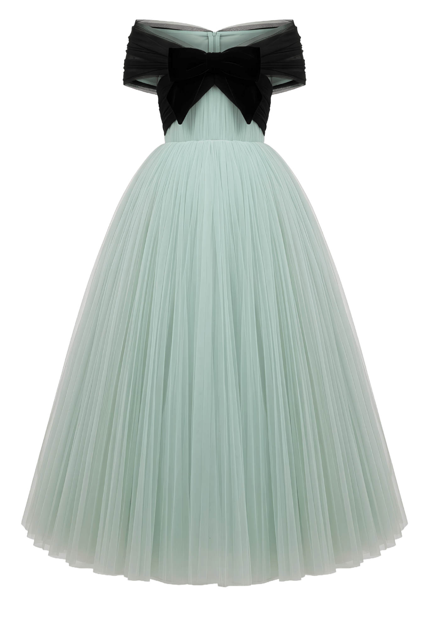 Mint Tulle Midi Gown with Off - Shoulder Bow Bodice - ALBOUSHIYA - district 5 - dubai - riyadh - abaya - dresses - designers - evening wear - luxury - elegance - craftsmanship - gowns - cocktail dresses - collections - georges