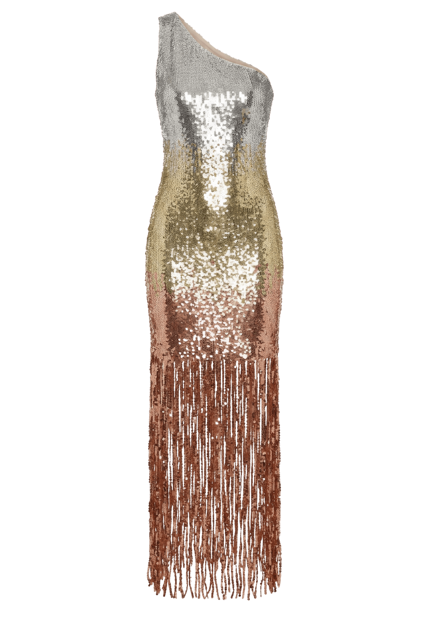 Multicolor Ombre Sequin One Shoulder Fringe Dress - ALBOUSHIYA - district 5 - dubai - riyadh - abaya - dresses - designers - evening wear - luxury - elegance - craftsmanship - gowns - cocktail dresses - collections - georges