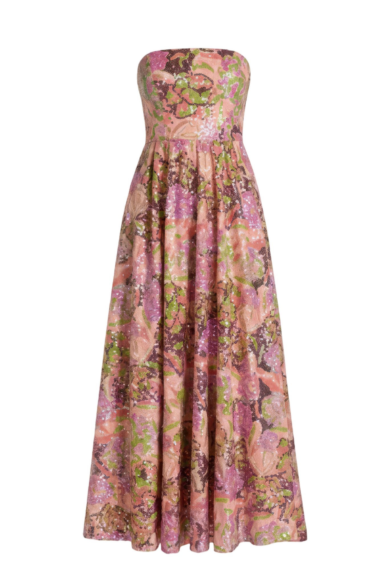 Multicolor Strapless Sequin Floral Midi Dress - ALBOUSHIYA - district 5 - dubai - riyadh - abaya - dresses - designers - evening wear - luxury - elegance - craftsmanship - gowns - cocktail dresses - collections - georges