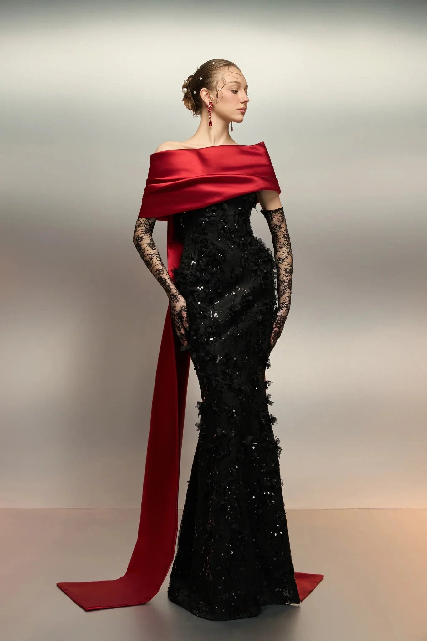 Narges Sequin & Lace Gown - ALBOUSHIYA - district 5 - dubai - riyadh - abaya - dresses - designers - evening wear - luxury - elegance - craftsmanship - gowns - cocktail dresses - collections - georges