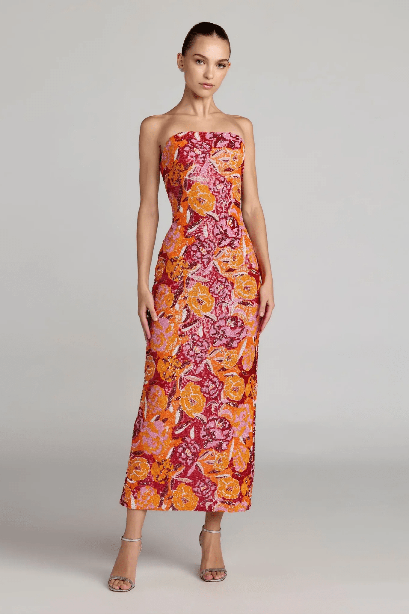 Pink and Orange Strapless Floral Sequin Midi Dress - ALBOUSHIYA - district 5 - dubai - riyadh - abaya - dresses - designers - evening wear - luxury - elegance - craftsmanship - gowns - cocktail dresses - collections - georges