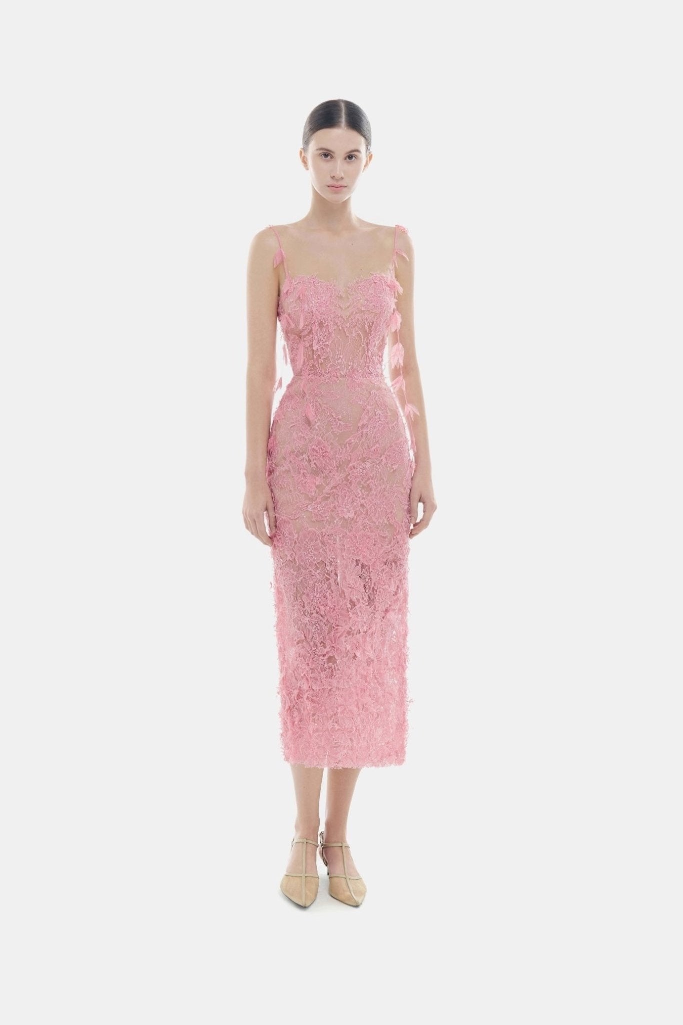 Pink Beaded Lace Pencil Dress - ALBOUSHIYA - district 5 - dubai - riyadh - abaya - dresses - designers - evening wear - luxury - elegance - craftsmanship - gowns - cocktail dresses - collections - georges