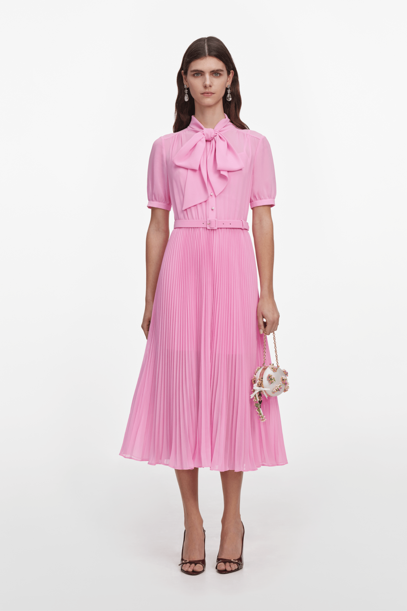 Pink Georgette Tie Midi Dress - ALBOUSHIYA - district 5 - dubai - riyadh - abaya - dresses - designers - evening wear - luxury - elegance - craftsmanship - gowns - cocktail dresses - collections - georges