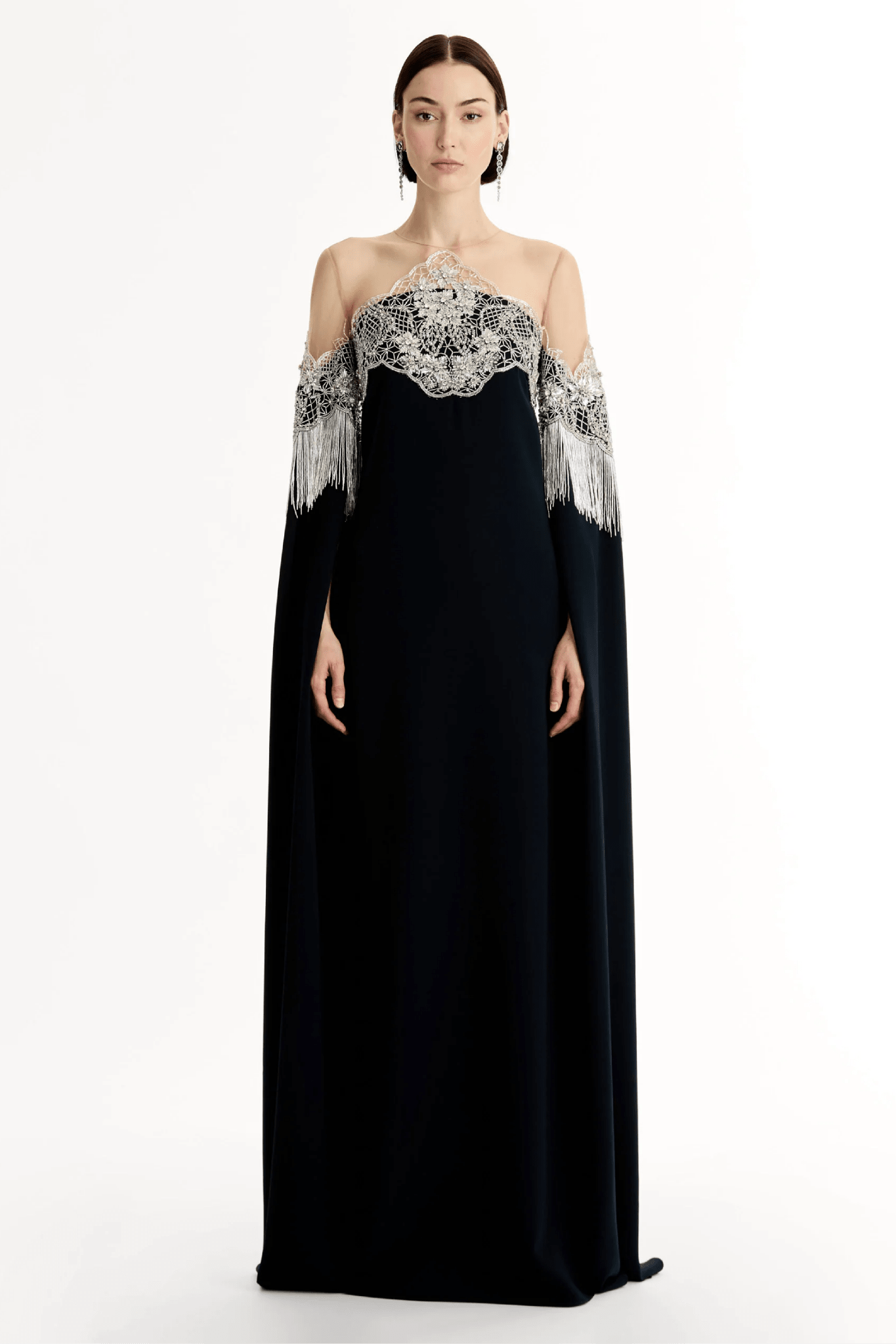 Porcelain Flower Lattice Fringe Caftan - ALBOUSHIYA - district 5 - dubai - riyadh - abaya - dresses - designers - evening wear - luxury - elegance - craftsmanship - gowns - cocktail dresses - collections - georges