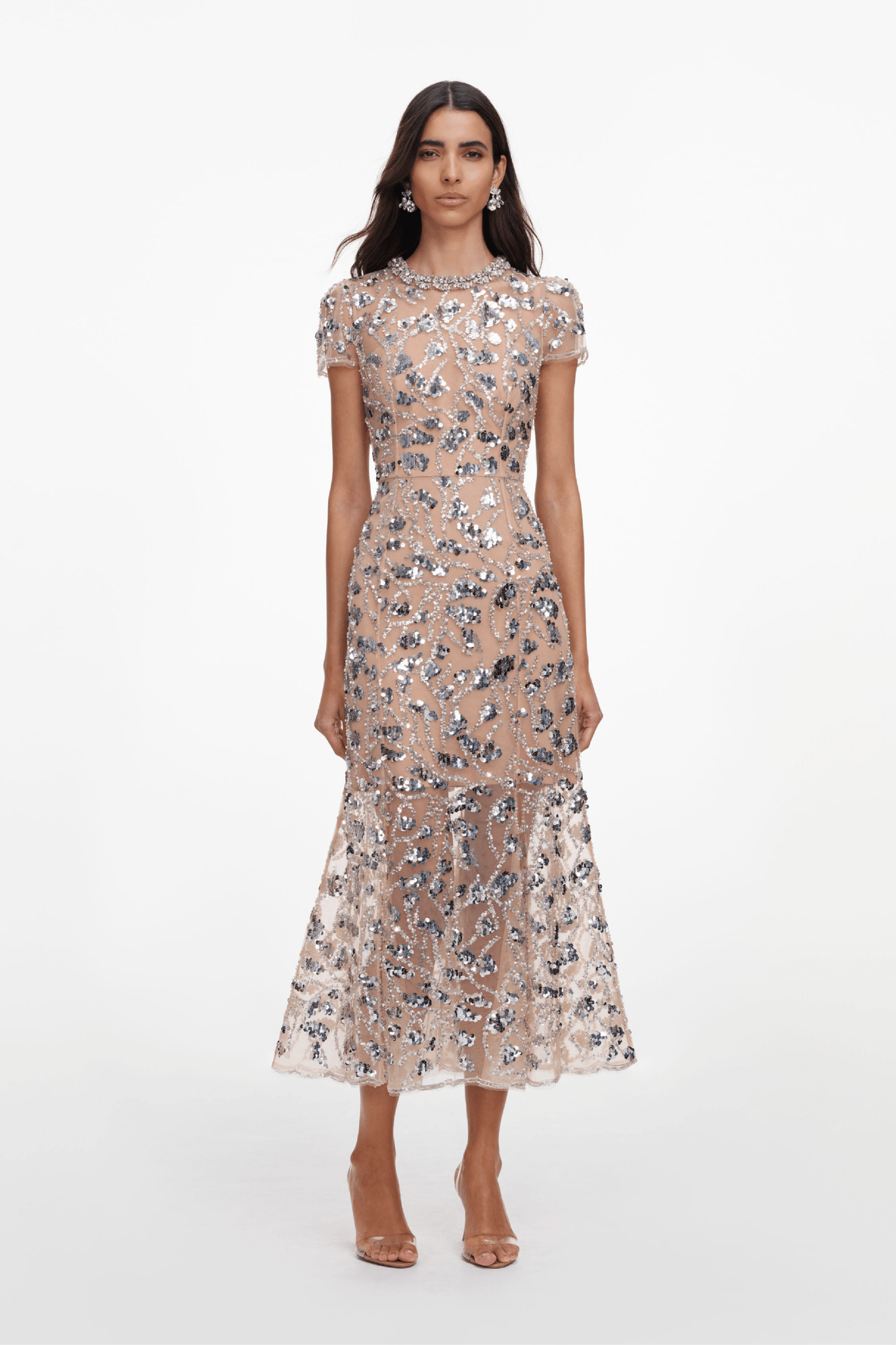 Silver Sequin Embellished Midi Dress - ALBOUSHIYA - district 5 - dubai - riyadh - abaya - dresses - designers - evening wear - luxury - elegance - craftsmanship - gowns - cocktail dresses - collections - georges
