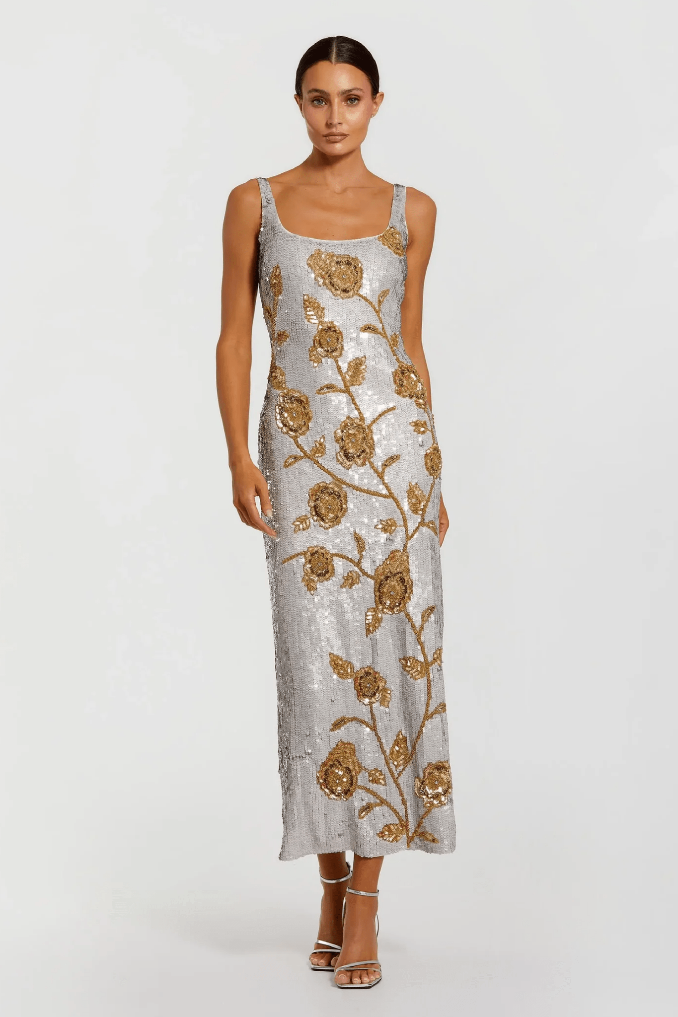 Silver Sleeveless Sequin Dress With Gold Floral Detail - ALBOUSHIYA - district 5 - dubai - riyadh - abaya - dresses - designers - evening wear - luxury - elegance - craftsmanship - gowns - cocktail dresses - collections - georges