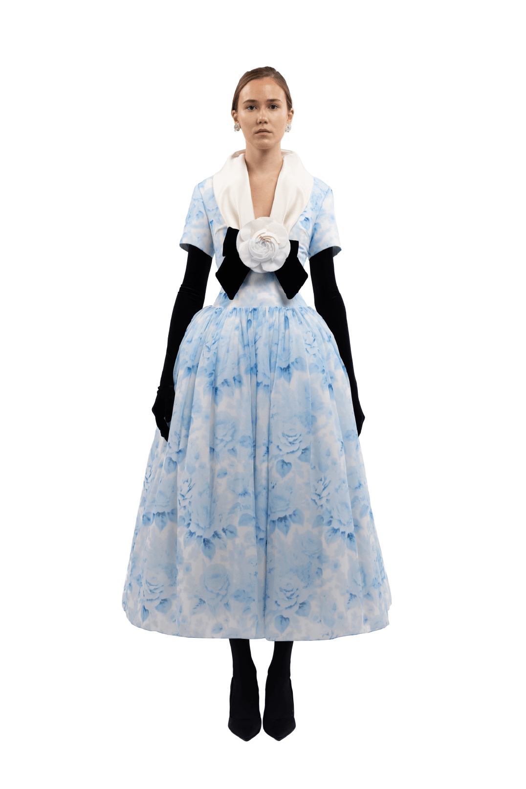 Sky Blue Rose Midi Dress - ALBOUSHIYA - district 5 - dubai - riyadh - abaya - dresses - designers - evening wear - luxury - elegance - craftsmanship - gowns - cocktail dresses - collections - georges