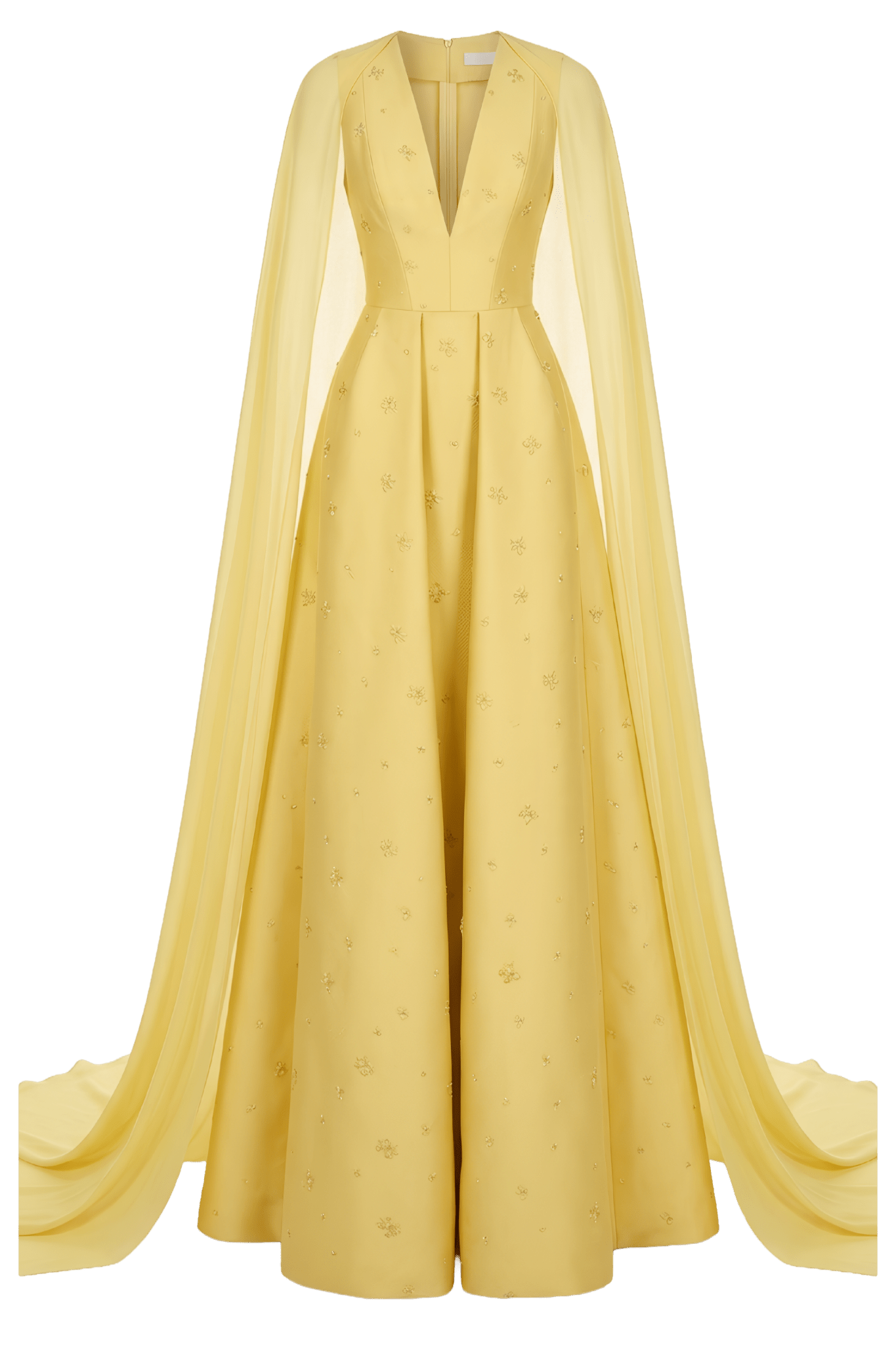 V - Neck Beaded Taffeta Gown with Chiffon Cape - ALBOUSHIYA - district 5 - dubai - riyadh - abaya - dresses - designers - evening wear - luxury - elegance - craftsmanship - gowns - cocktail dresses - collections - georges
