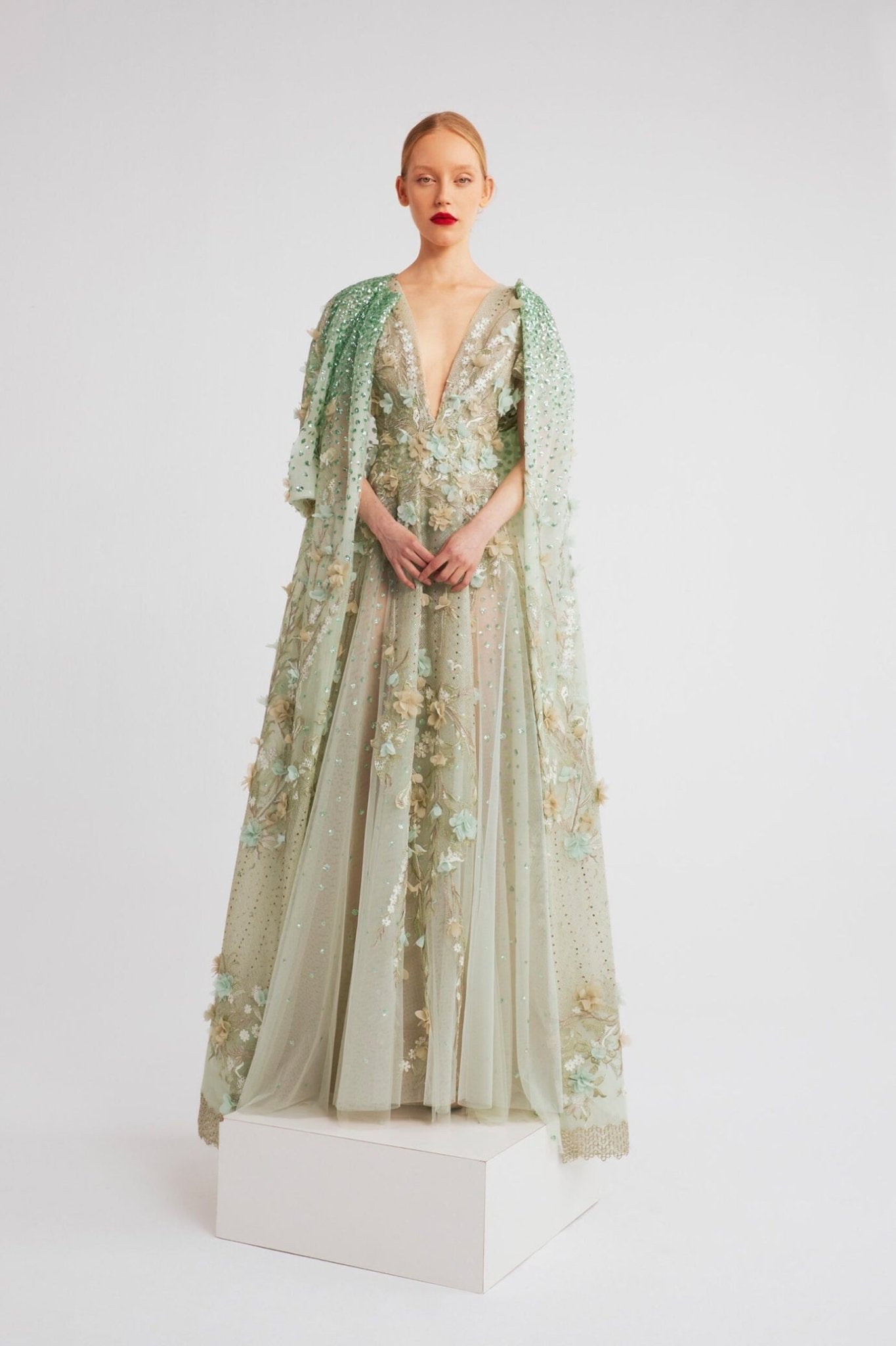 V - Neck Dress with Cape Sleeves and Floral Embellishments - ALBOUSHIYA - district 5 - dubai - riyadh - abaya - dresses - designers - evening wear - luxury - elegance - craftsmanship - gowns - cocktail dresses - collections - georges