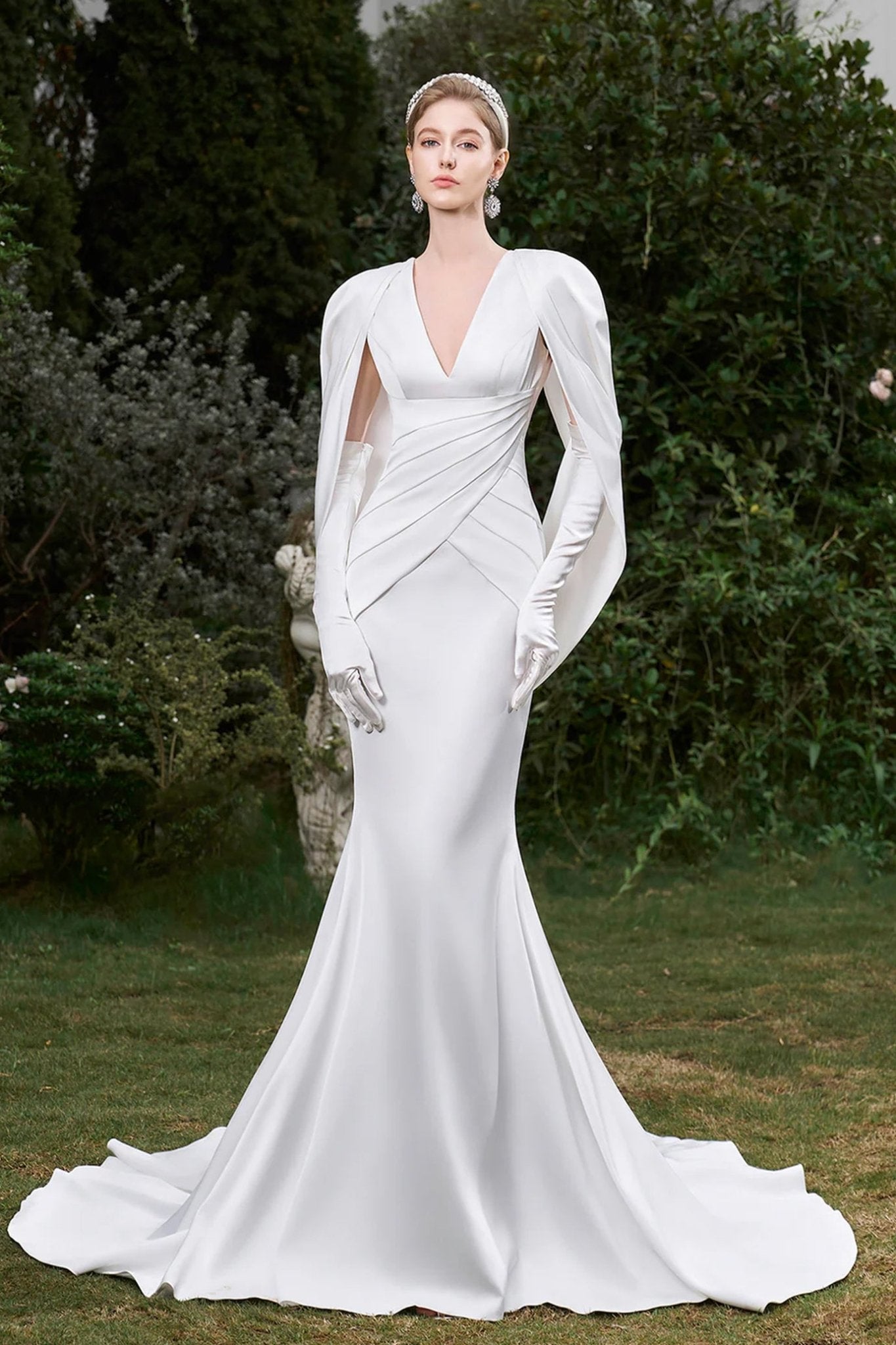 V - Neckline Pleated Mullet Silk Gown - ALBOUSHIYA - district 5 - dubai - riyadh - abaya - dresses - designers - evening wear - luxury - elegance - craftsmanship - gowns - cocktail dresses - collections - georges