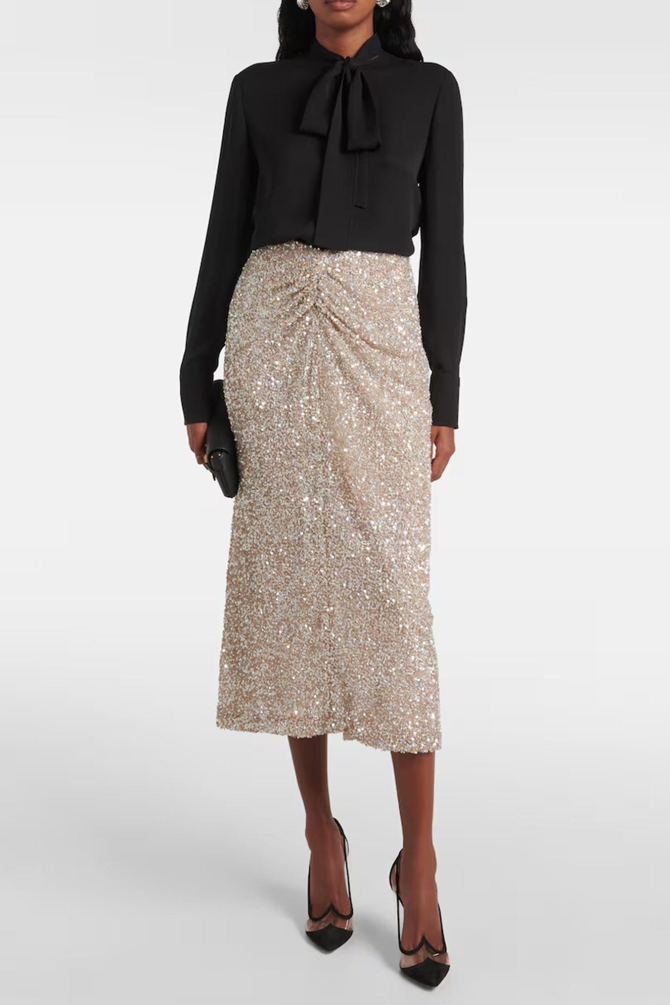 Zuri Ruched Sequined Midi Skirt - ALBOUSHIYA - district 5 - dubai - riyadh - abaya - dresses - designers - evening wear - luxury - elegance - craftsmanship - gowns - cocktail dresses - collections - georges