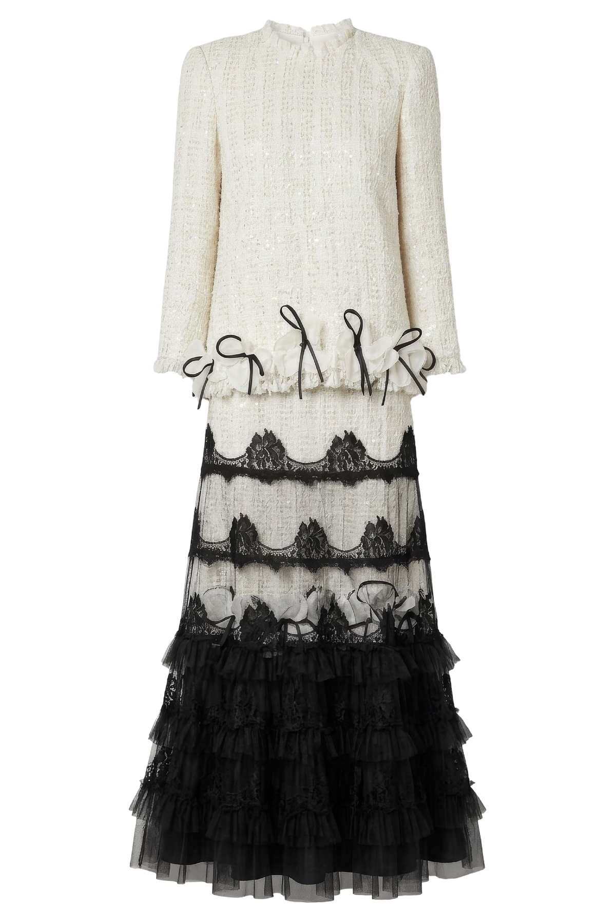 Lace Ivory Tweed Top & Black Tiered Tulle Skirt Set