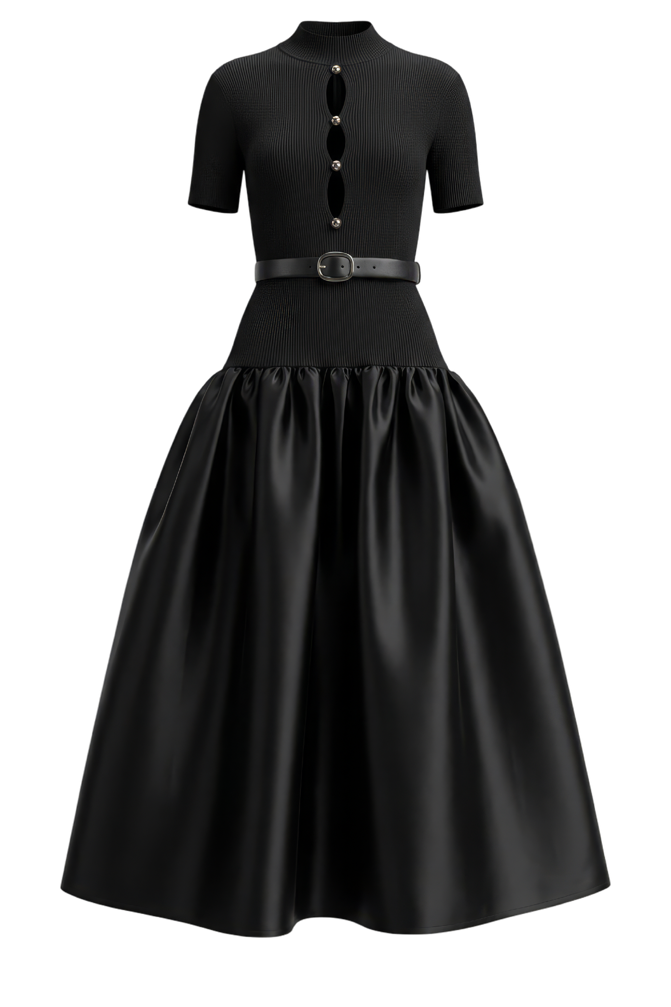 Black Knit Taffeta Midi Dress
