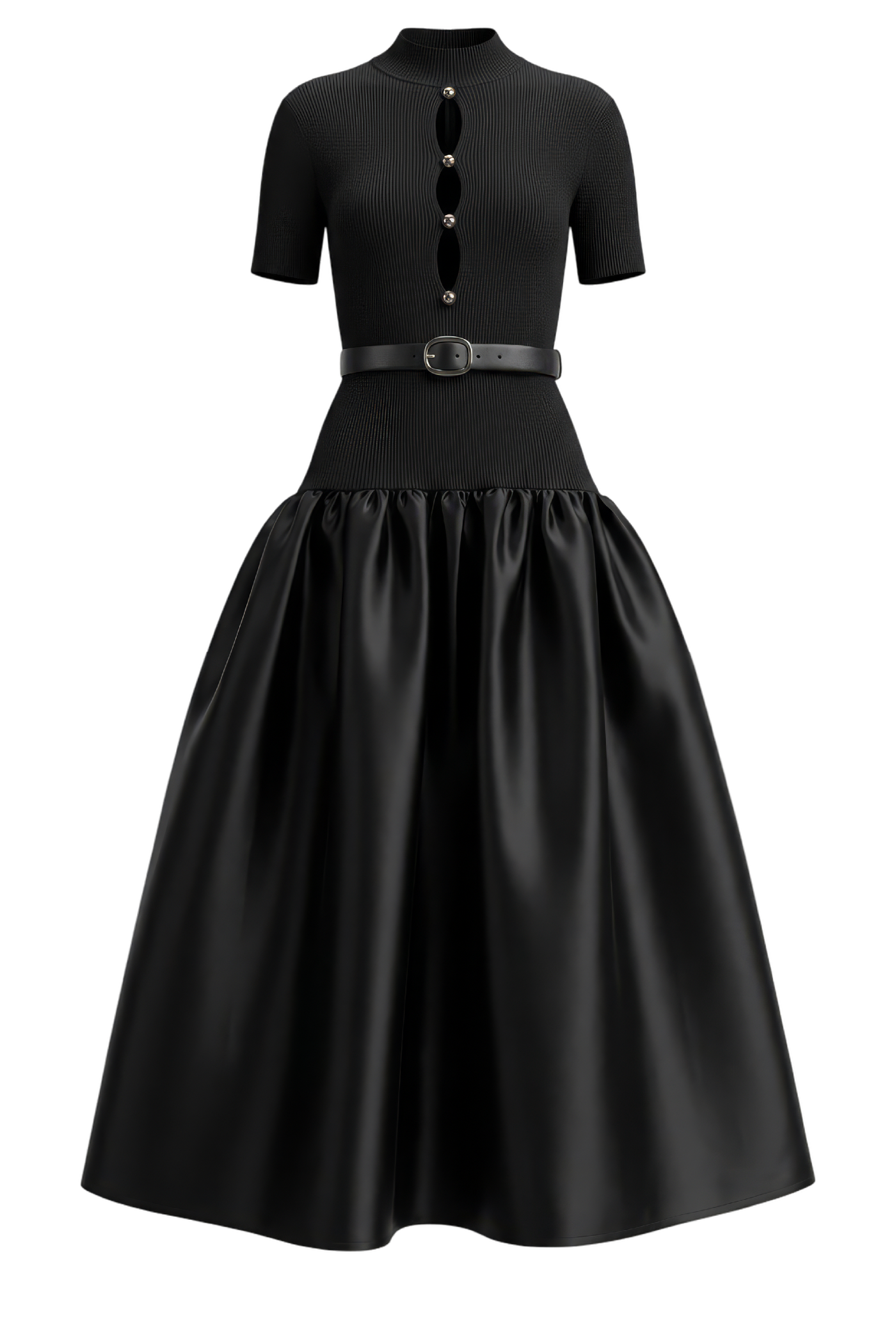 Black Knit Taffeta Midi Dress