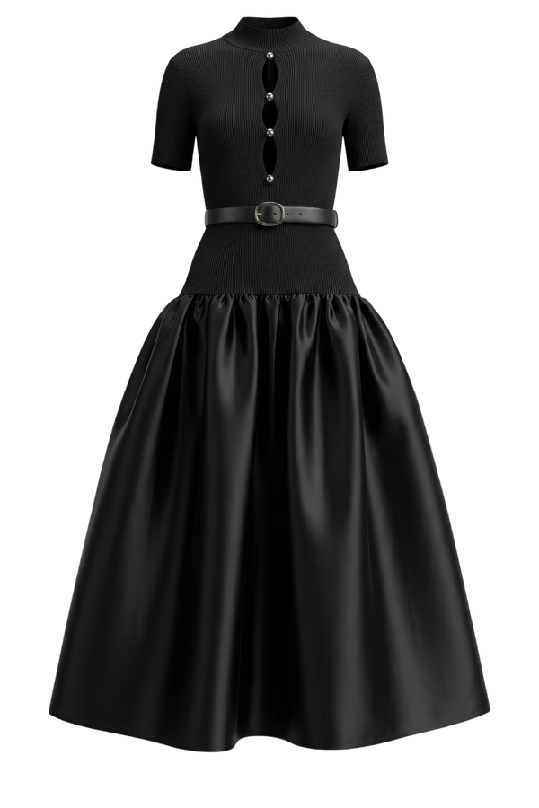 Black Knit Taffeta Midi Dress