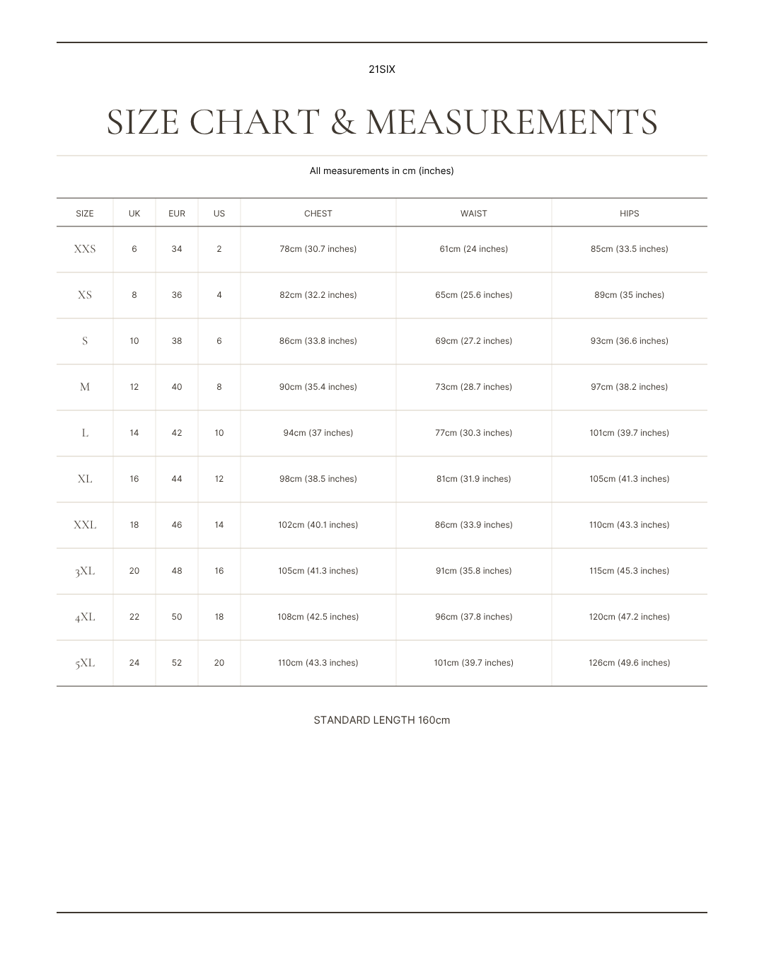 21SIX size chart