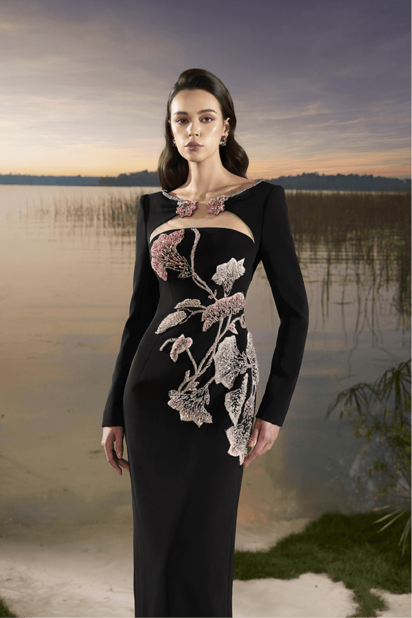 3D Floral Bead Long Sleeve Crepe Dress - ALBOUSHIYA - district 5 - dubai - riyadh - abaya - dresses - designers - evening wear - luxury - elegance - craftsmanship - gowns - cocktail dresses - collections - georges
