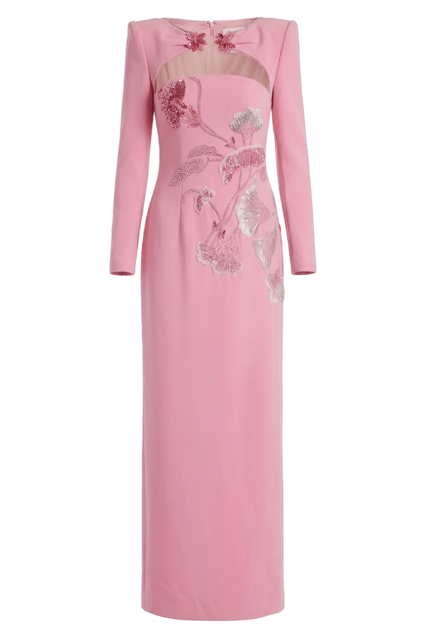 3D Floral Bead Long Sleeve Crepe Dress - ALBOUSHIYA - district 5 - dubai - riyadh - abaya - dresses - designers - evening wear - luxury - elegance - craftsmanship - gowns - cocktail dresses - collections - georges