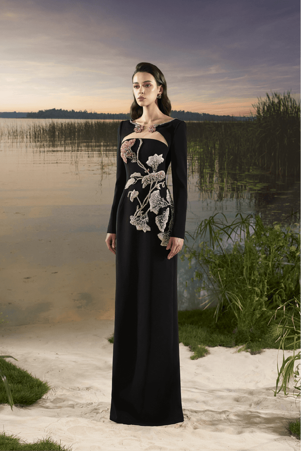 3D Floral Bead Long Sleeve Crepe Dress - ALBOUSHIYA - district 5 - dubai - riyadh - abaya - dresses - designers - evening wear - luxury - elegance - craftsmanship - gowns - cocktail dresses - collections - georges