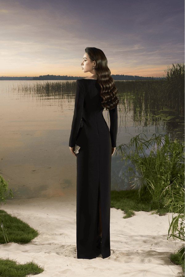 3D Floral Bead Long Sleeve Crepe Dress - ALBOUSHIYA - district 5 - dubai - riyadh - abaya - dresses - designers - evening wear - luxury - elegance - craftsmanship - gowns - cocktail dresses - collections - georges