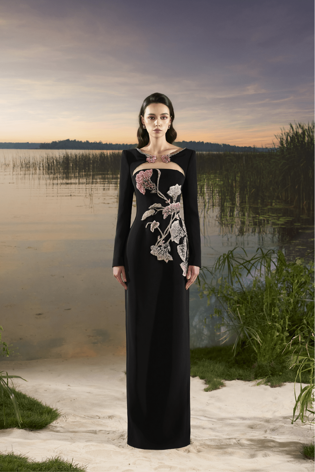 3D Floral Bead Long Sleeve Crepe Dress - ALBOUSHIYA - district 5 - dubai - riyadh - abaya - dresses - designers - evening wear - luxury - elegance - craftsmanship - gowns - cocktail dresses - collections - georges