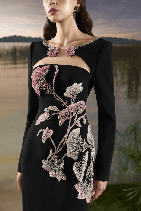 3D Floral Bead Long Sleeve Crepe Dress - ALBOUSHIYA - district 5 - dubai - riyadh - abaya - dresses - designers - evening wear - luxury - elegance - craftsmanship - gowns - cocktail dresses - collections - georges