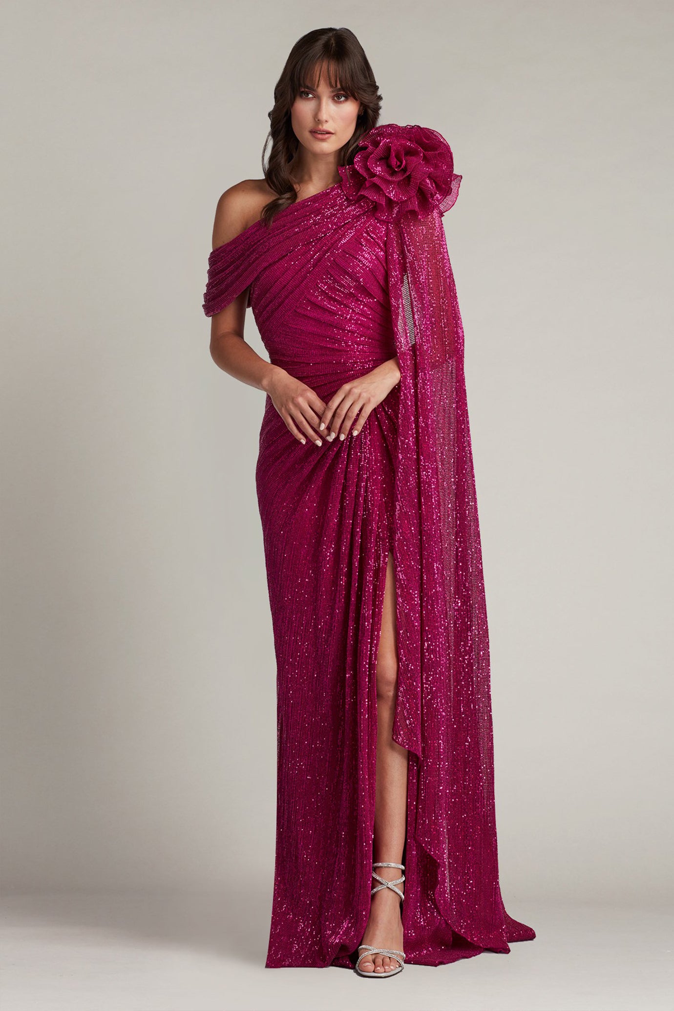 Aveta Sequin Draped Rosette Shoulder Gown