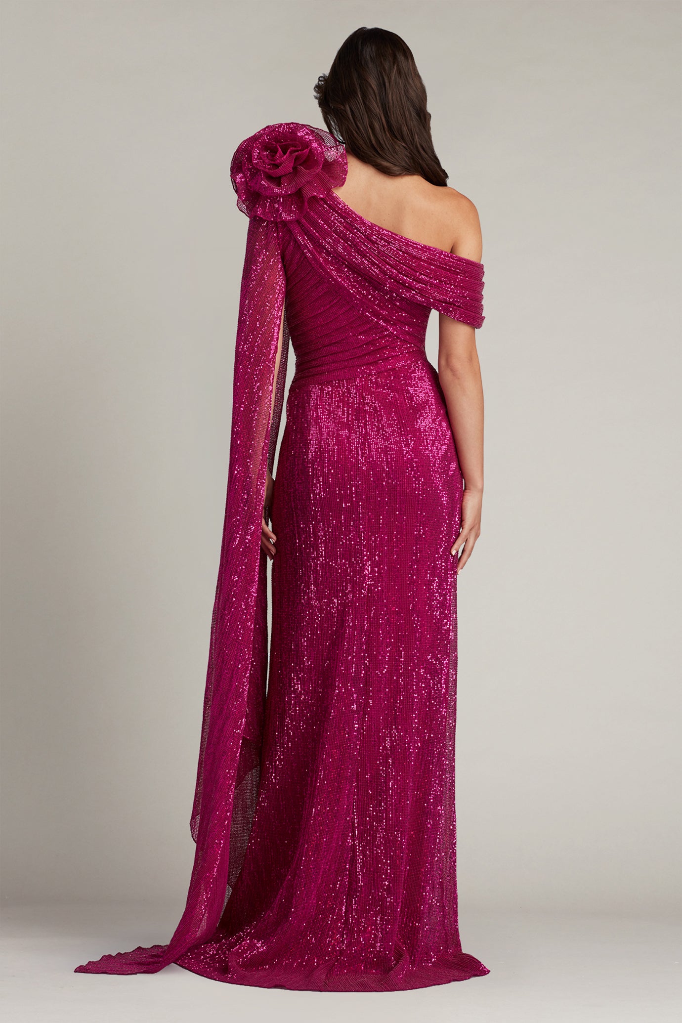 Aveta Sequin Draped Rosette Shoulder Gown