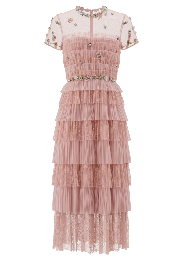 Samie Tiered Lace Midi Dress with Embellished Florals