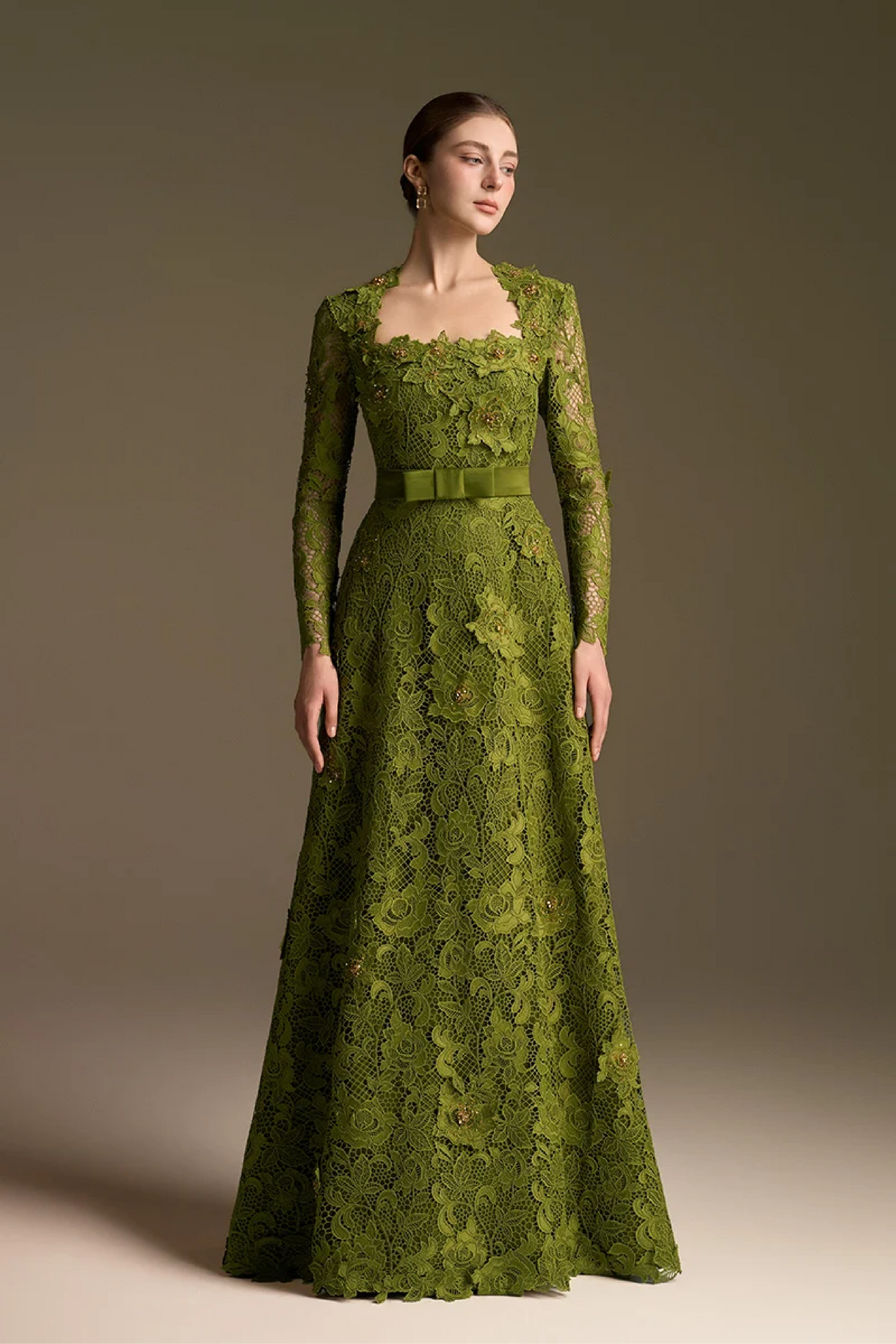 Olive Square Neck A-line Guipure Gown