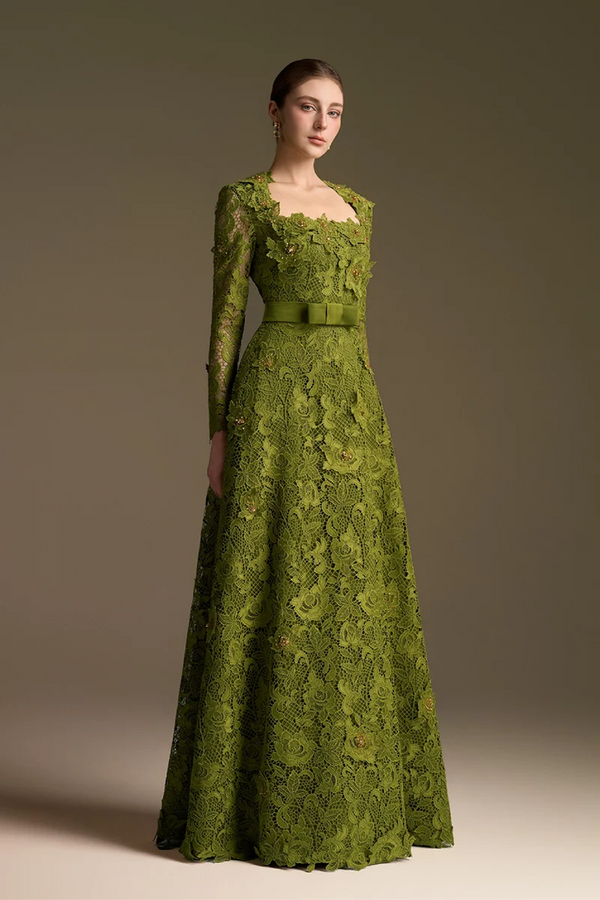 Olive Square Neck A-line Guipure Gown