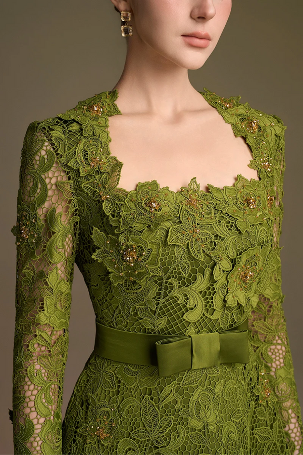 Olive Square Neck A-line Guipure Gown