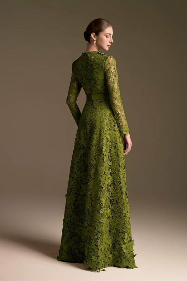 Olive Square Neck A-line Guipure Gown