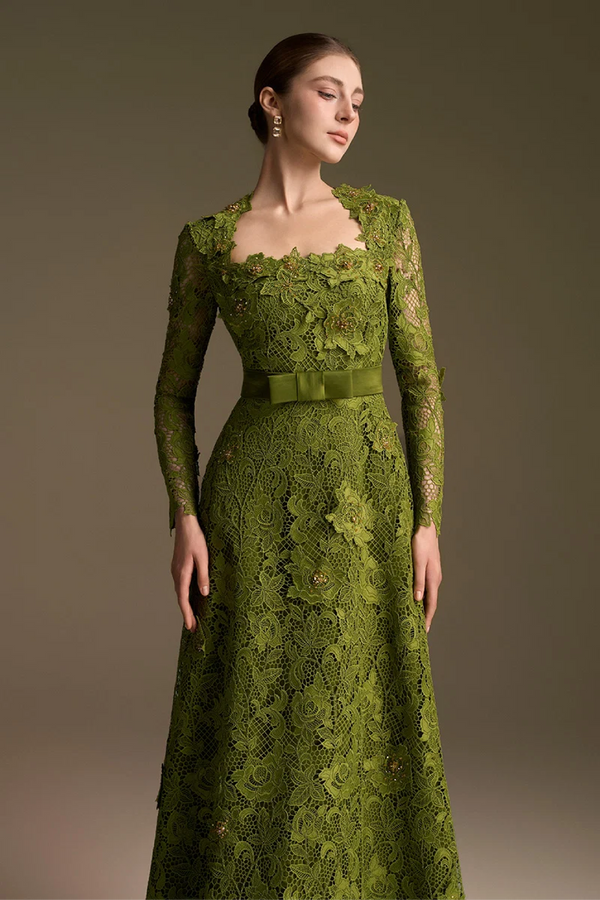 Olive Square Neck A-line Guipure Gown