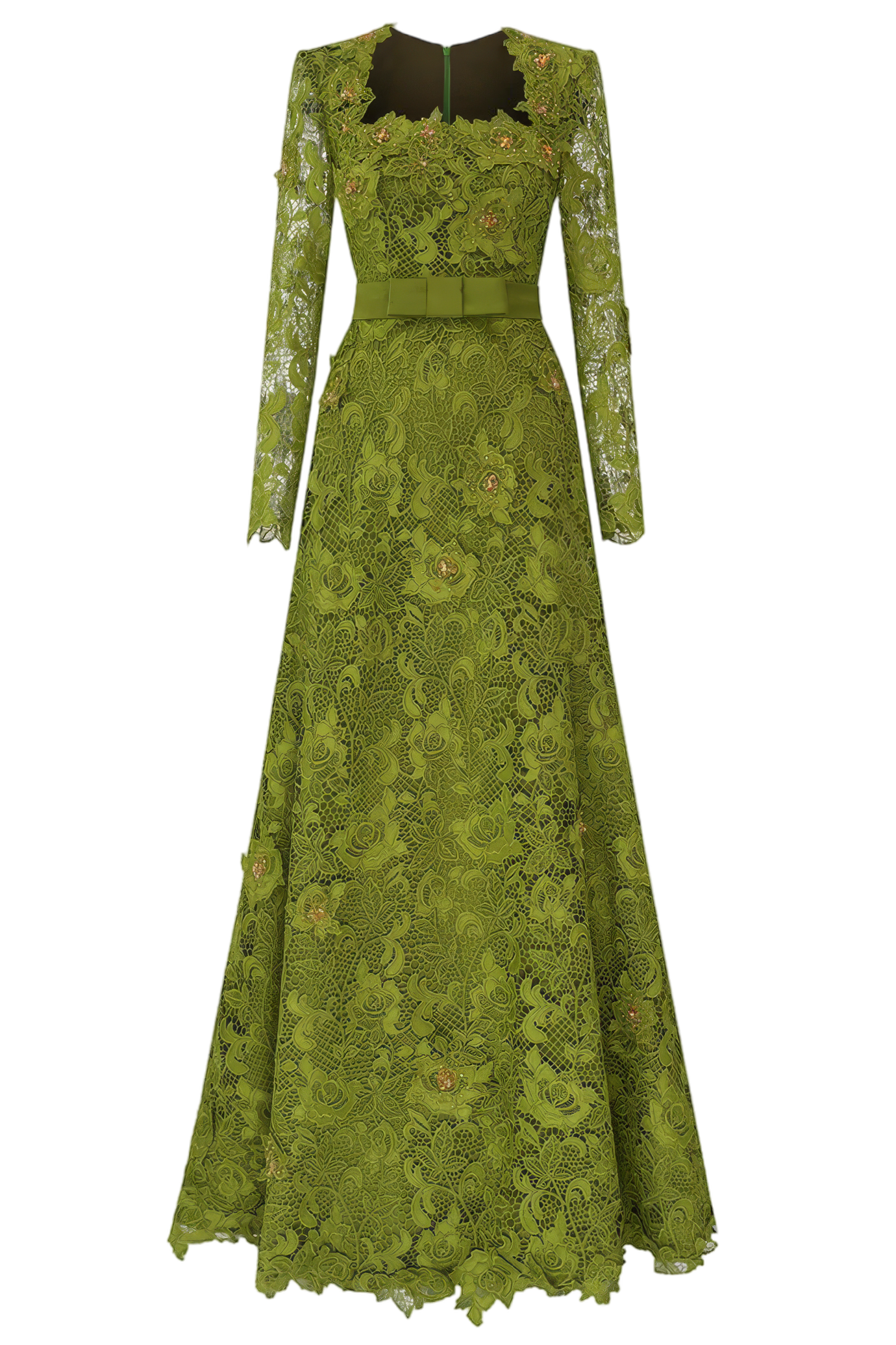 Olive Square Neck A-line Guipure Gown