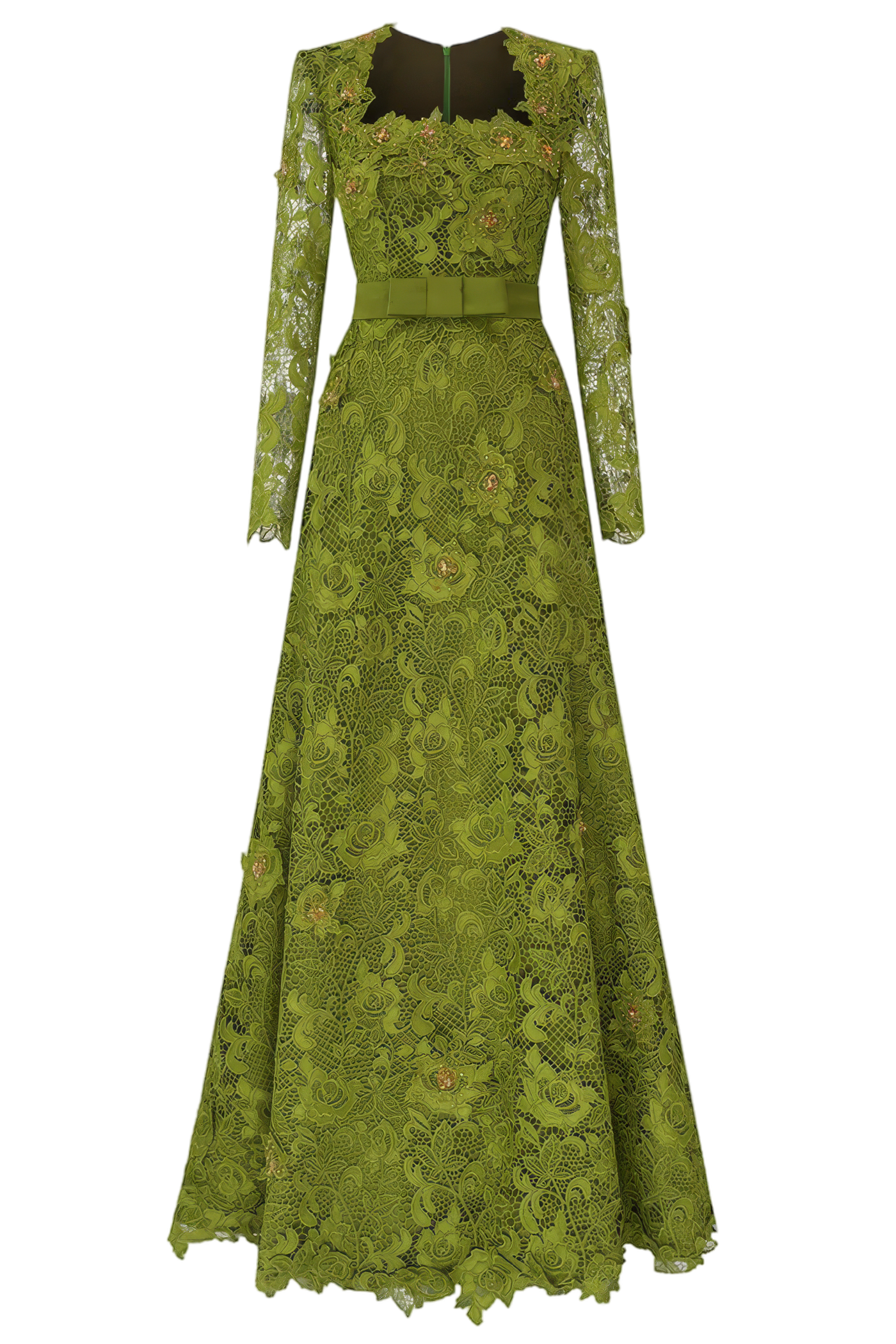 Olive Square Neck A-line Guipure Gown