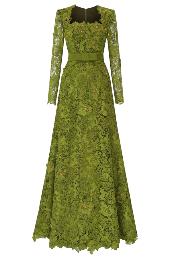 Olive Square Neck A-line Guipure Gown