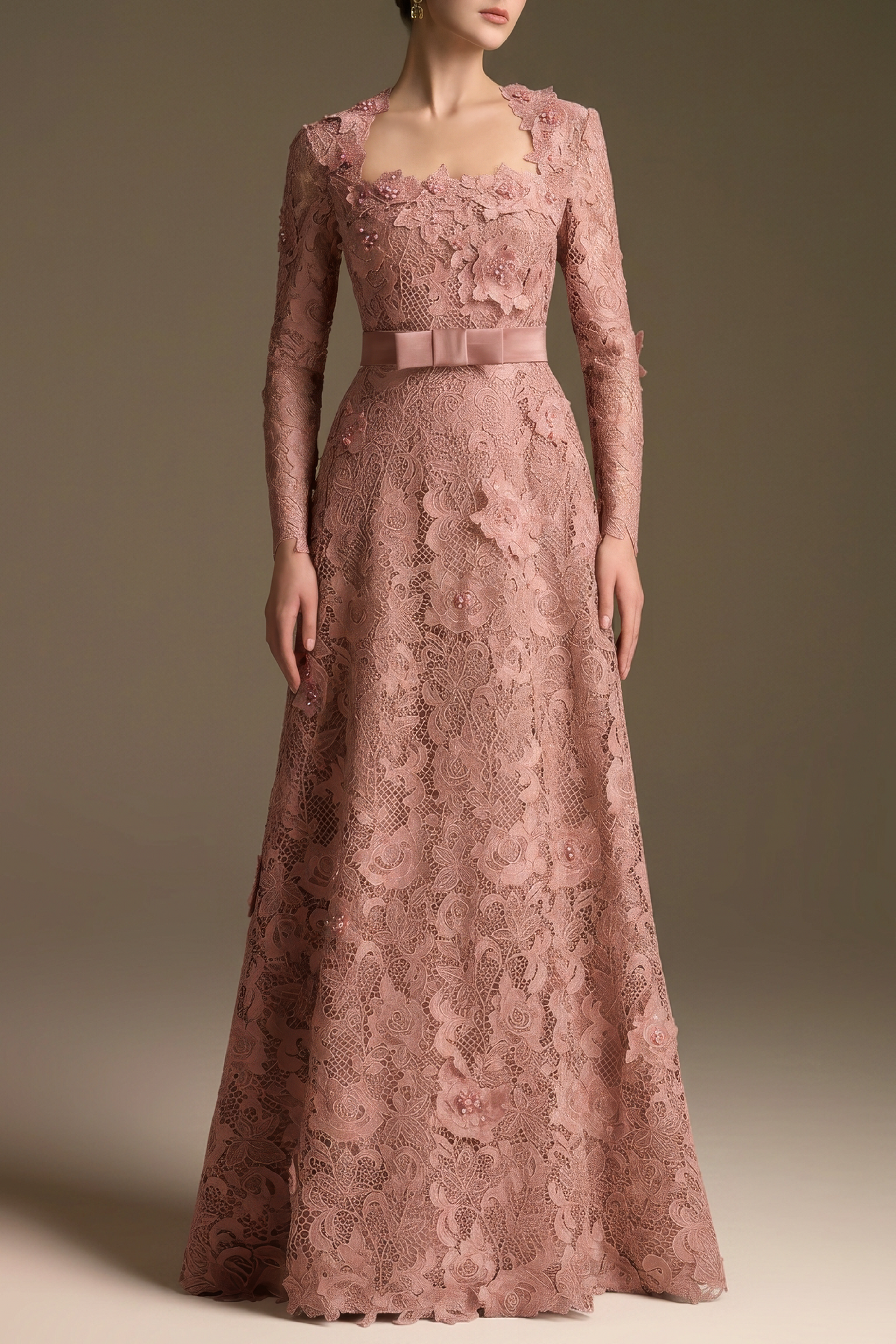 Pink Square Neck A-line Guipure Gown