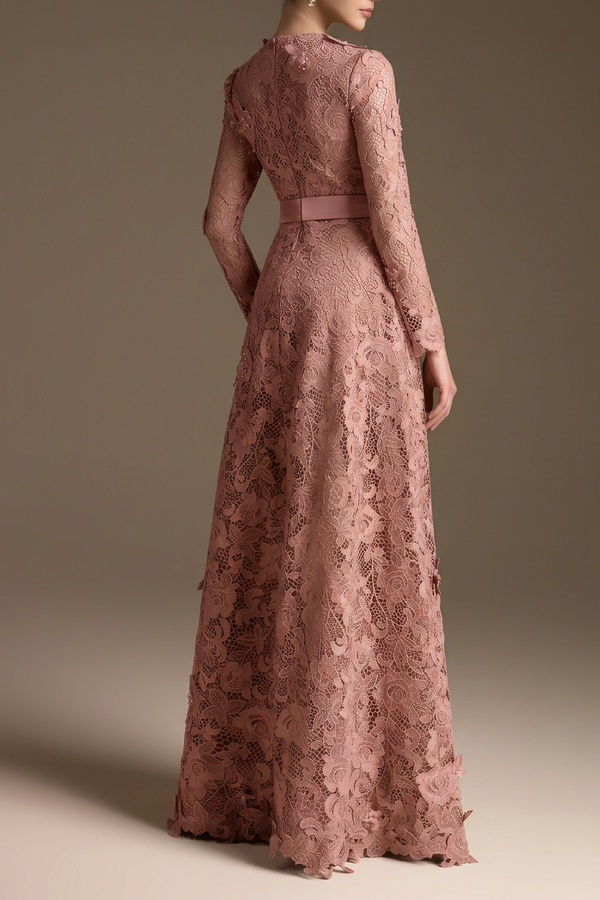 Pink Square Neck A-line Guipure Gown