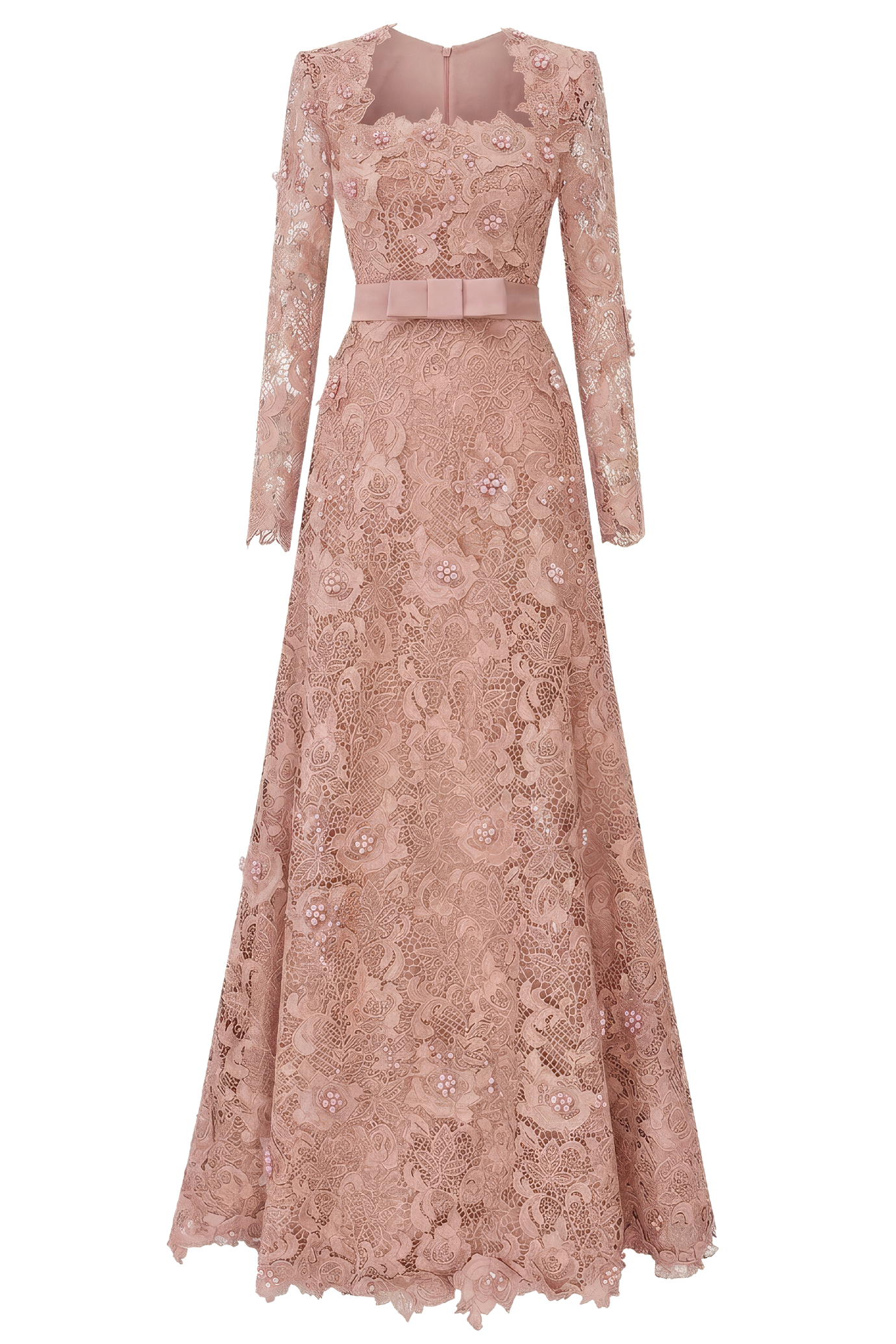 Pink Square Neck A-line Guipure Gown