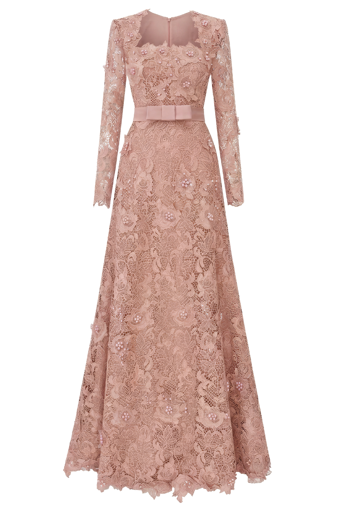 Pink Square Neck A-line Guipure Gown