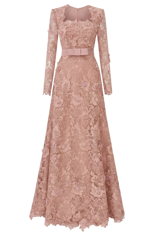 Pink Square Neck A-line Guipure Gown