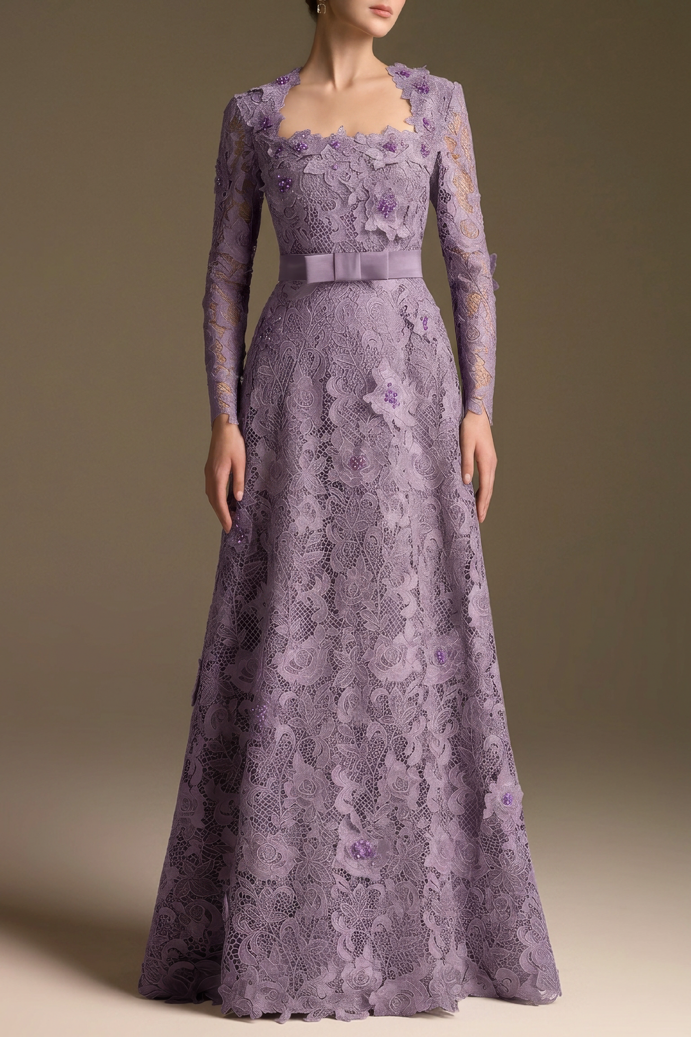 Lilac Square Neck A-line Guipure Gown