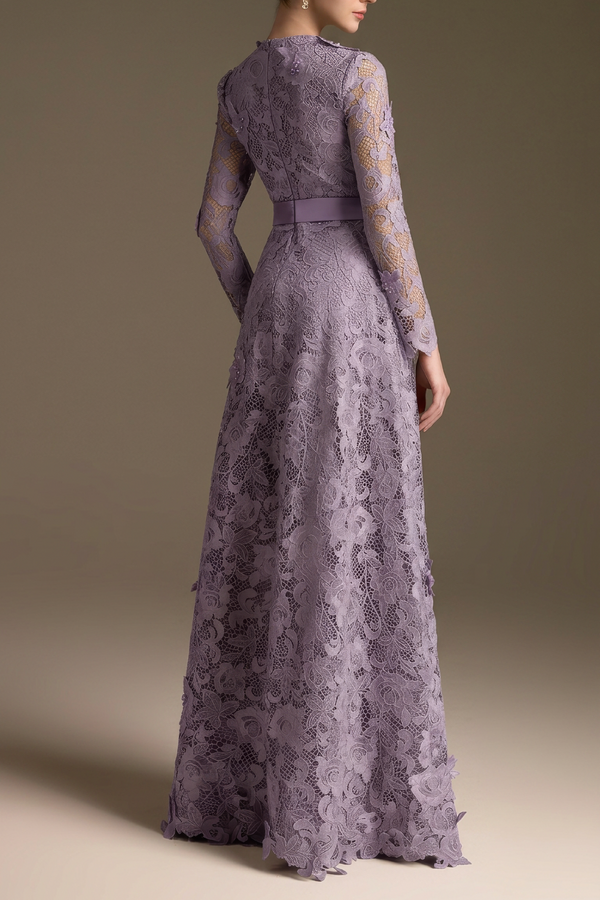 Lilac Square Neck A-line Guipure Gown