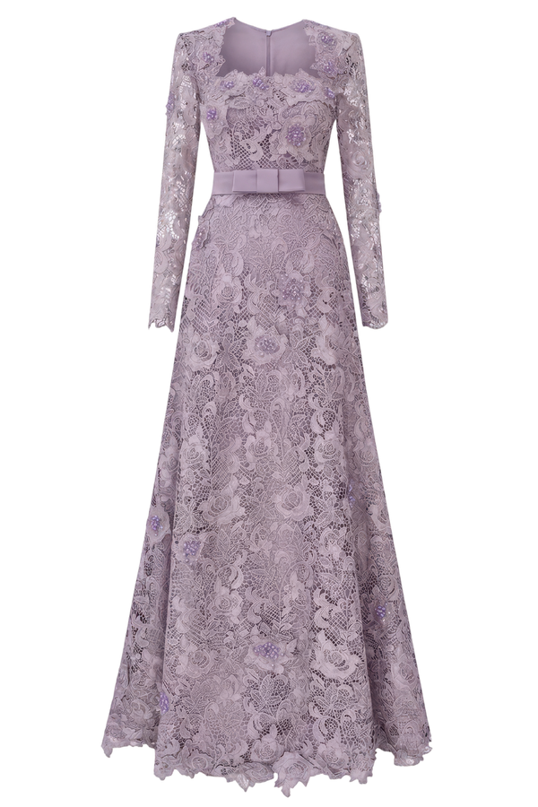 Lilac Square Neck A-line Guipure Gown