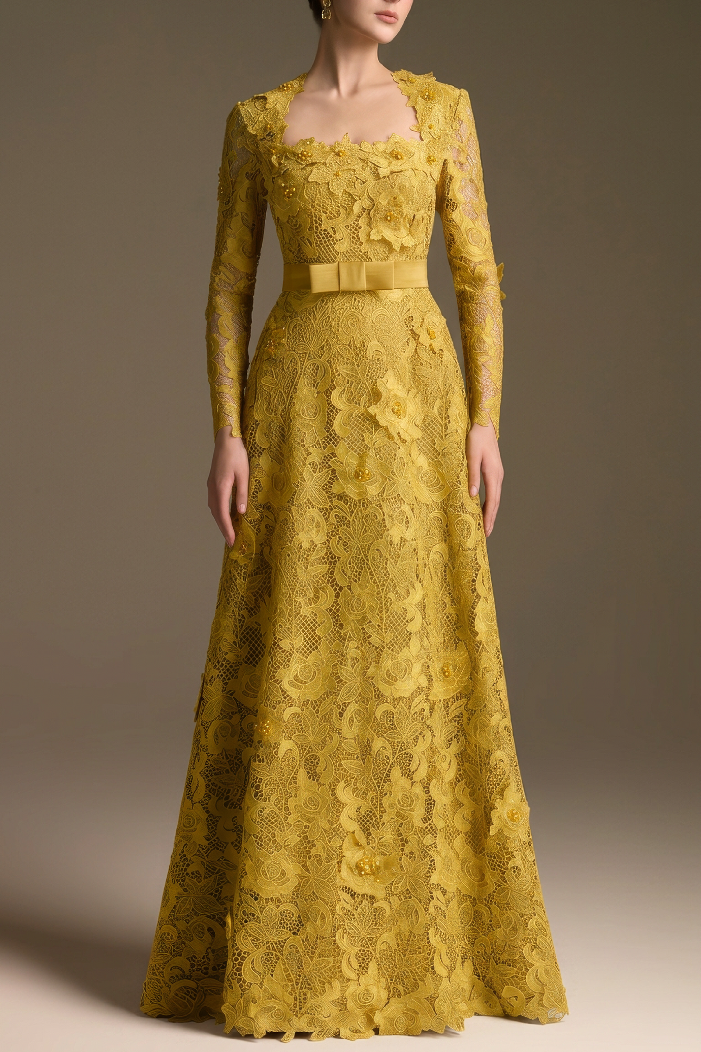 Yellow Square Neck A-line Guipure Gown