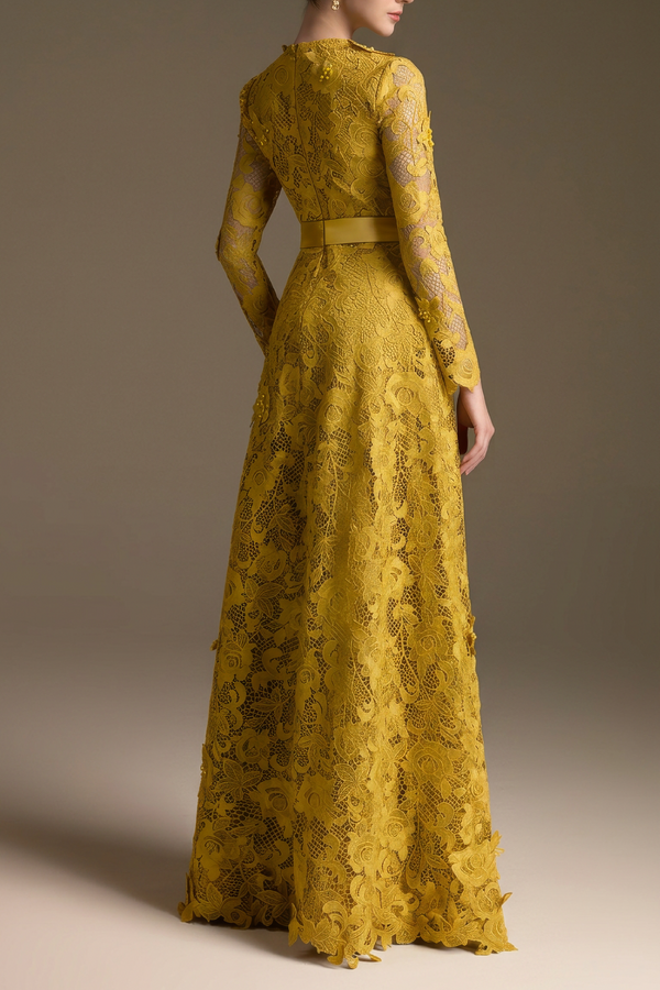 Yellow Square Neck A-line Guipure Gown